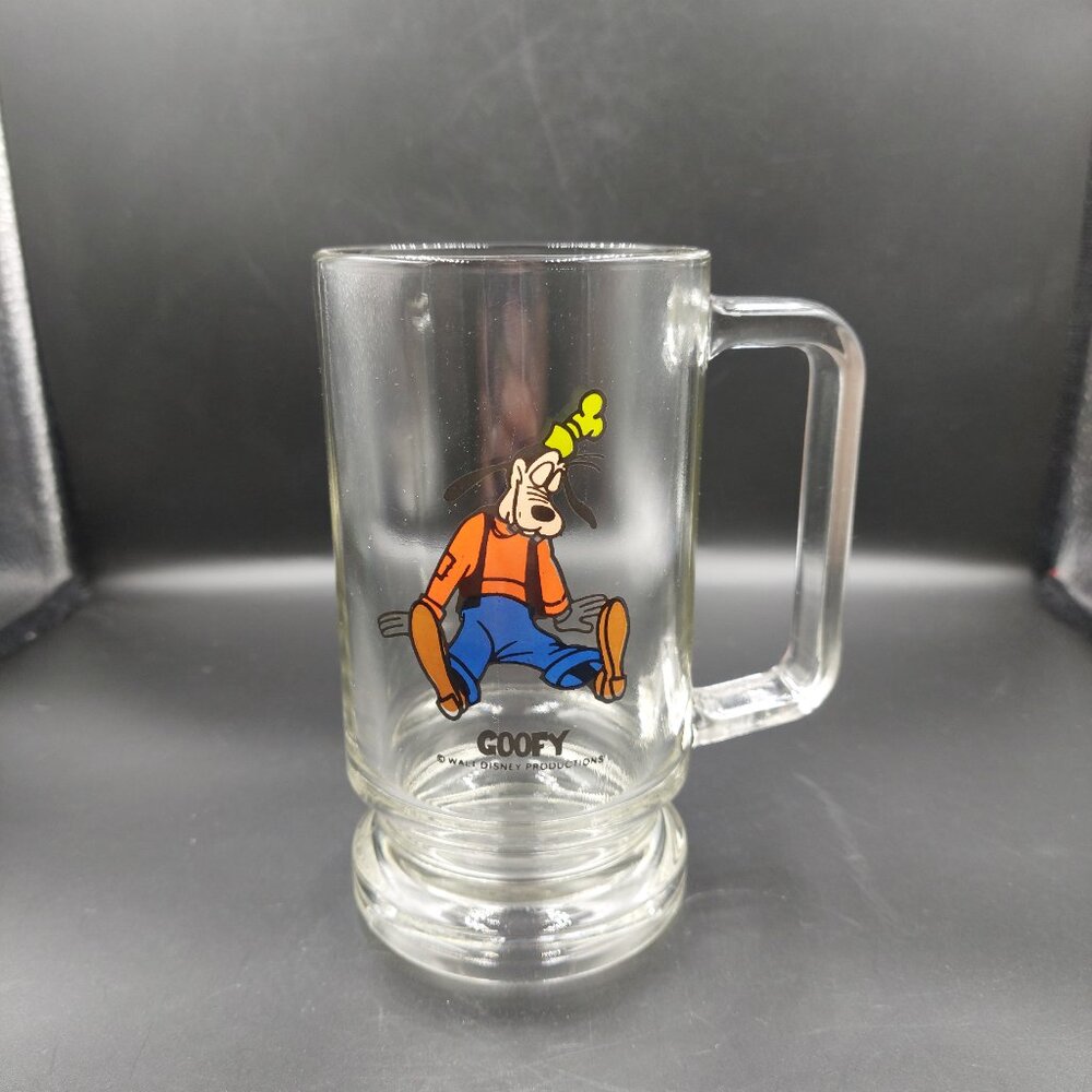 Vintage Walt Disney Productions Heavy Clear Glass Goofy Sleeping Handled Mug EUC
